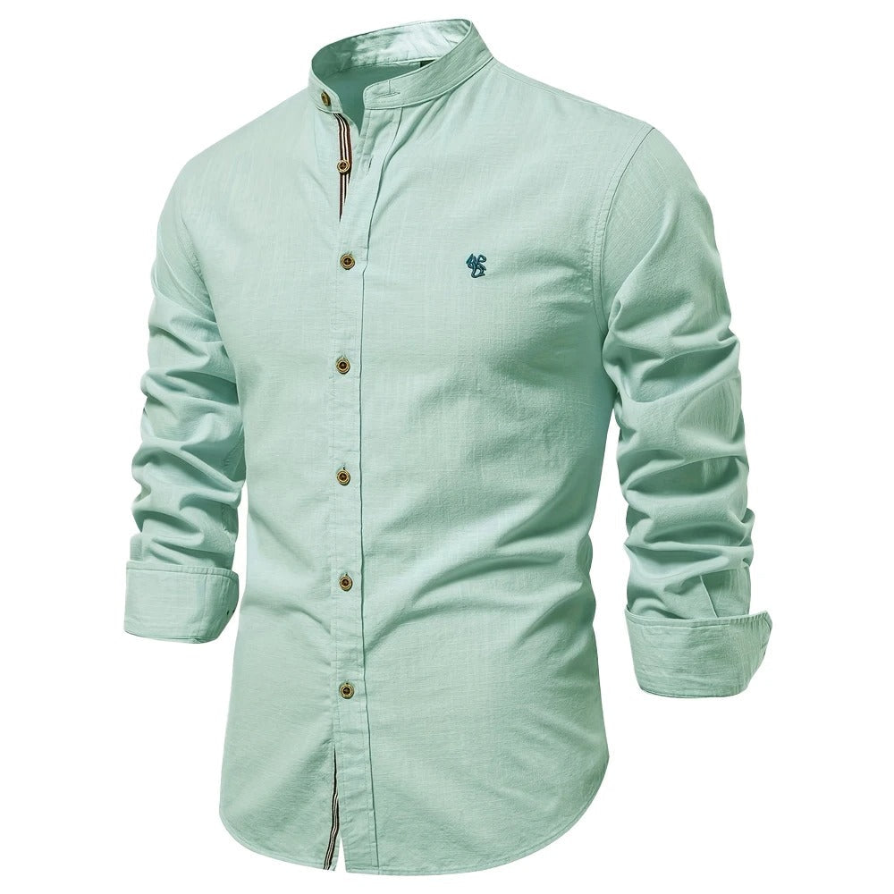 Men's Lightweight Band Collar Summer Shirt in Cotton - Green