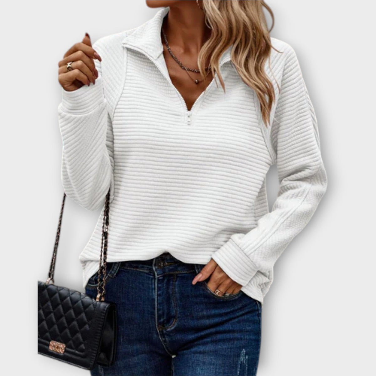 Women's Zipped V-Neck Knit Jumper for Work and Weekend - White