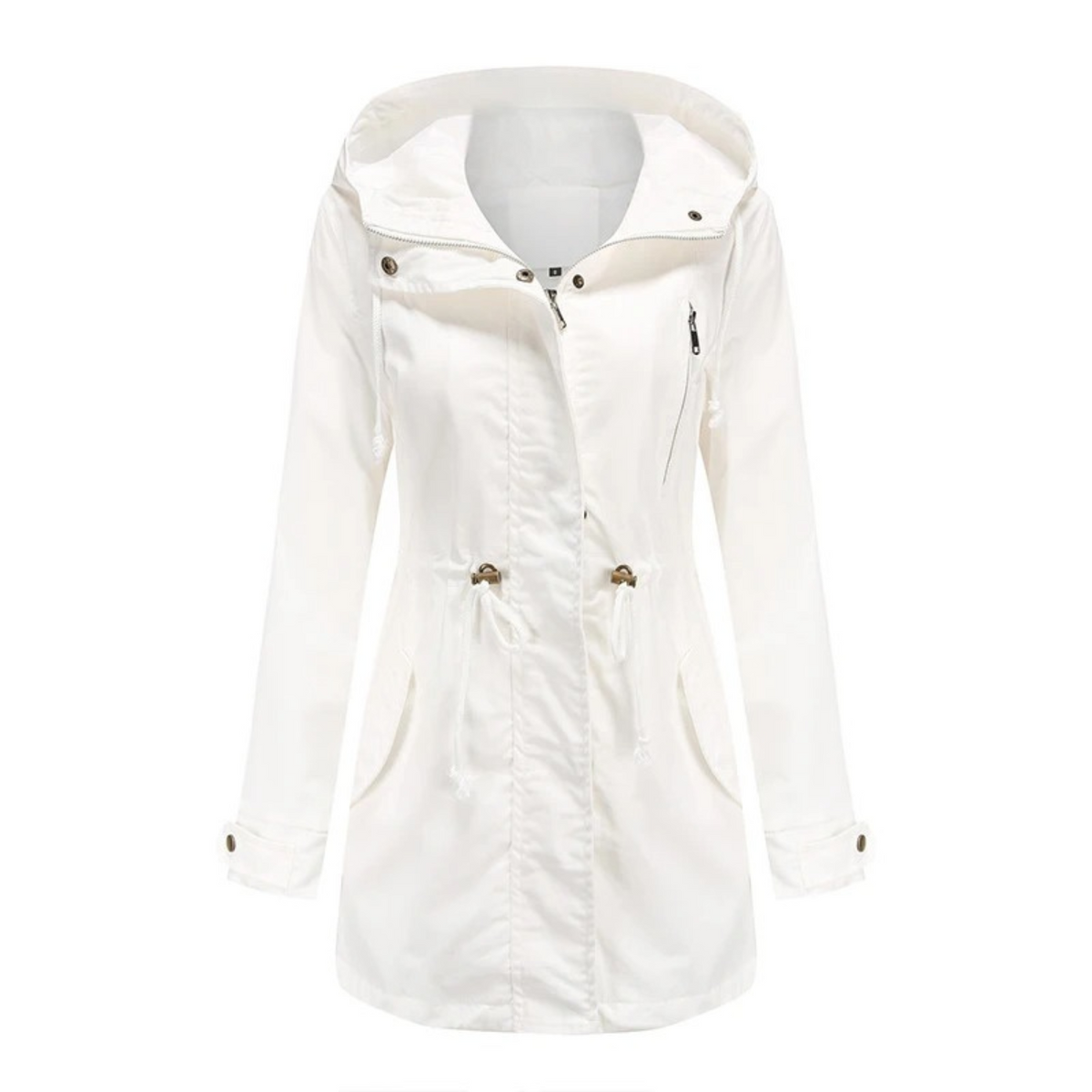 Women's Mid-Length Drawstring Utility Jacket with Integrated Hood - White