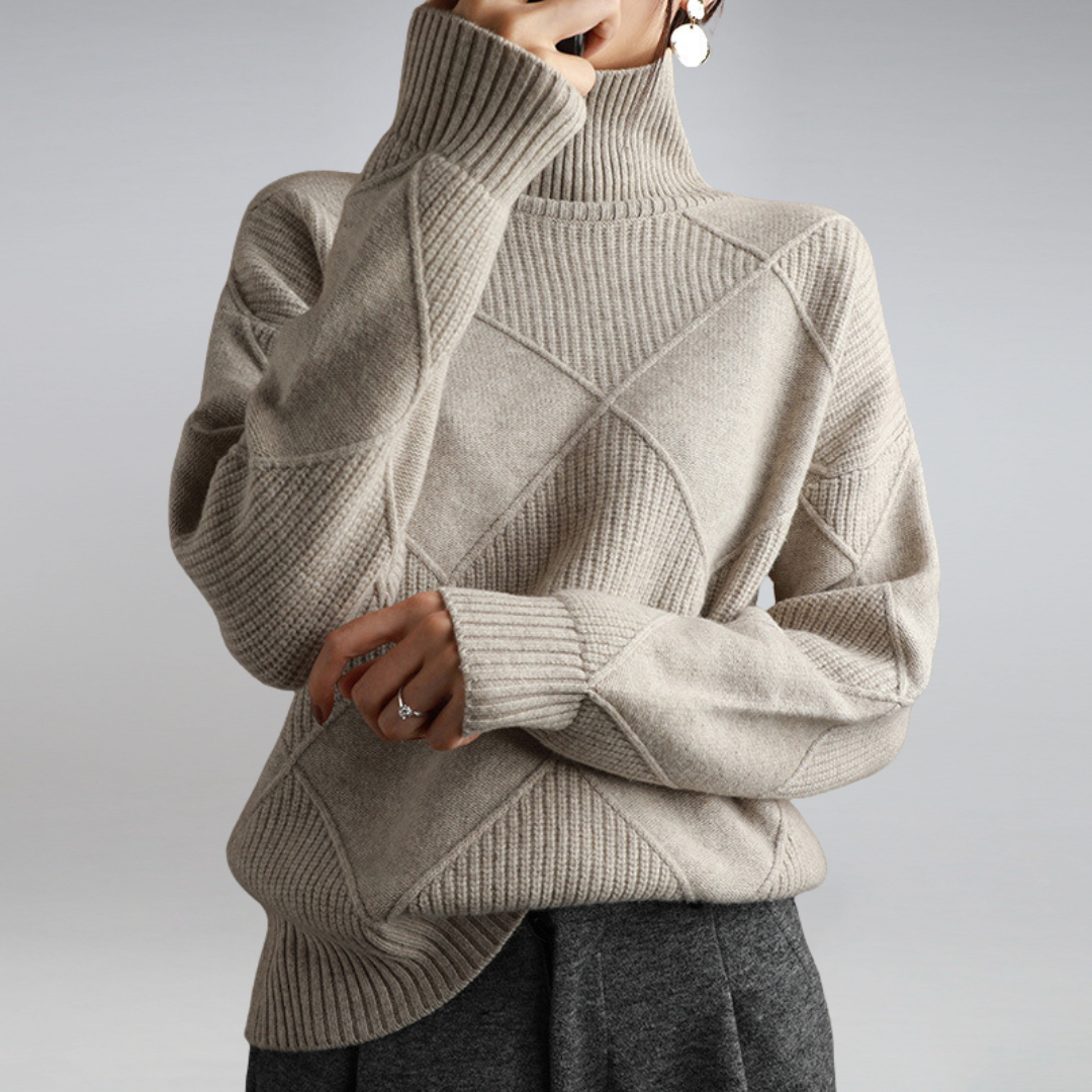 Women's Diamond Motif Roll Neck Jumper in Breathable Wool Blend - Khaki