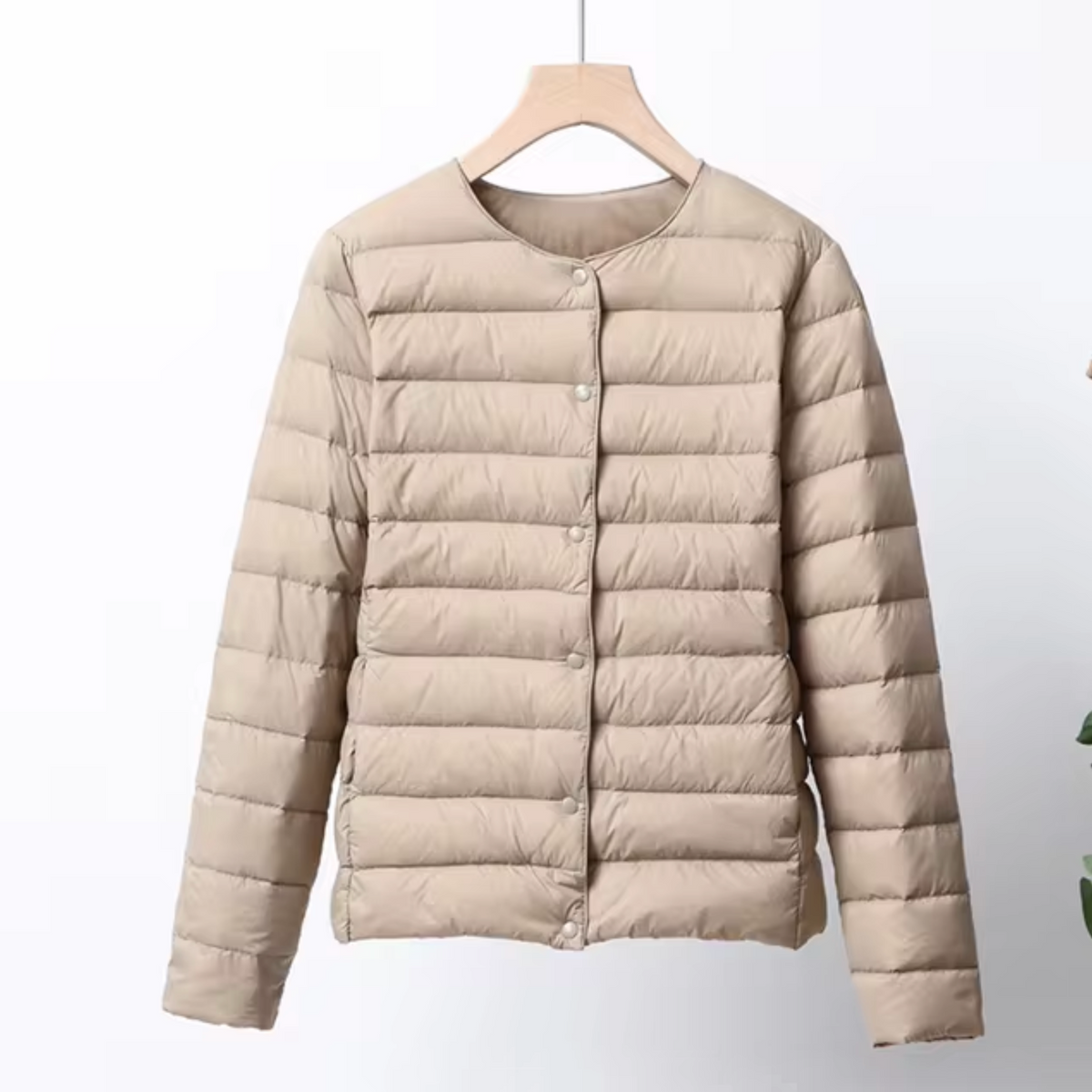 Women's Narrow-Quilted Collarless Down Layering Jacket - Khaki