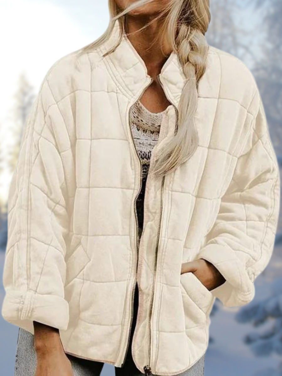 Women's Geometric-Stitch Padded Puffer with High Collar - Cream