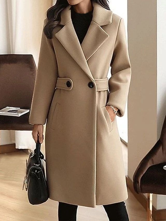 Women's Longline Smart Coat with Cinch Belt and Broad Lapels - Khaki