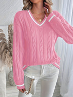 Women's Drop-Shoulder V-Neck Cable Jumper with Striped Trims