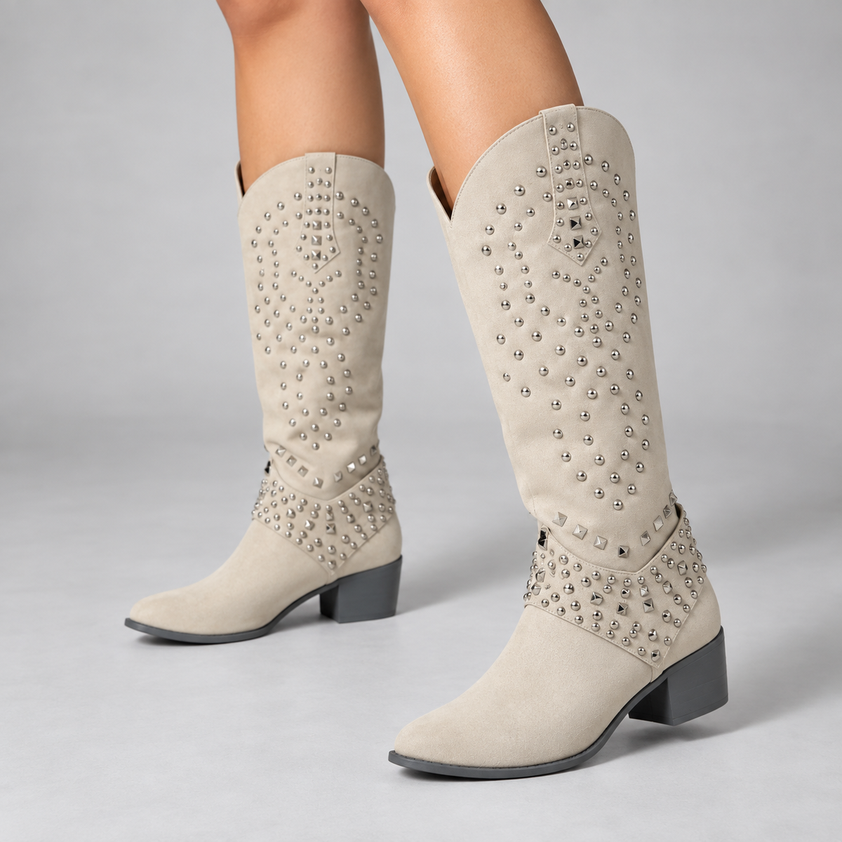 Women's Rivet-Studded Cowgirl Boots with Pointed Toe and Block Heel - Khaki