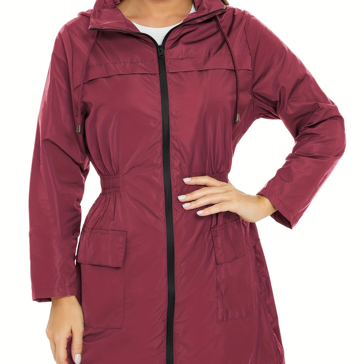 Women's Adjustable-Waist Lightweight Parka in a Longline Cut - Wine Red