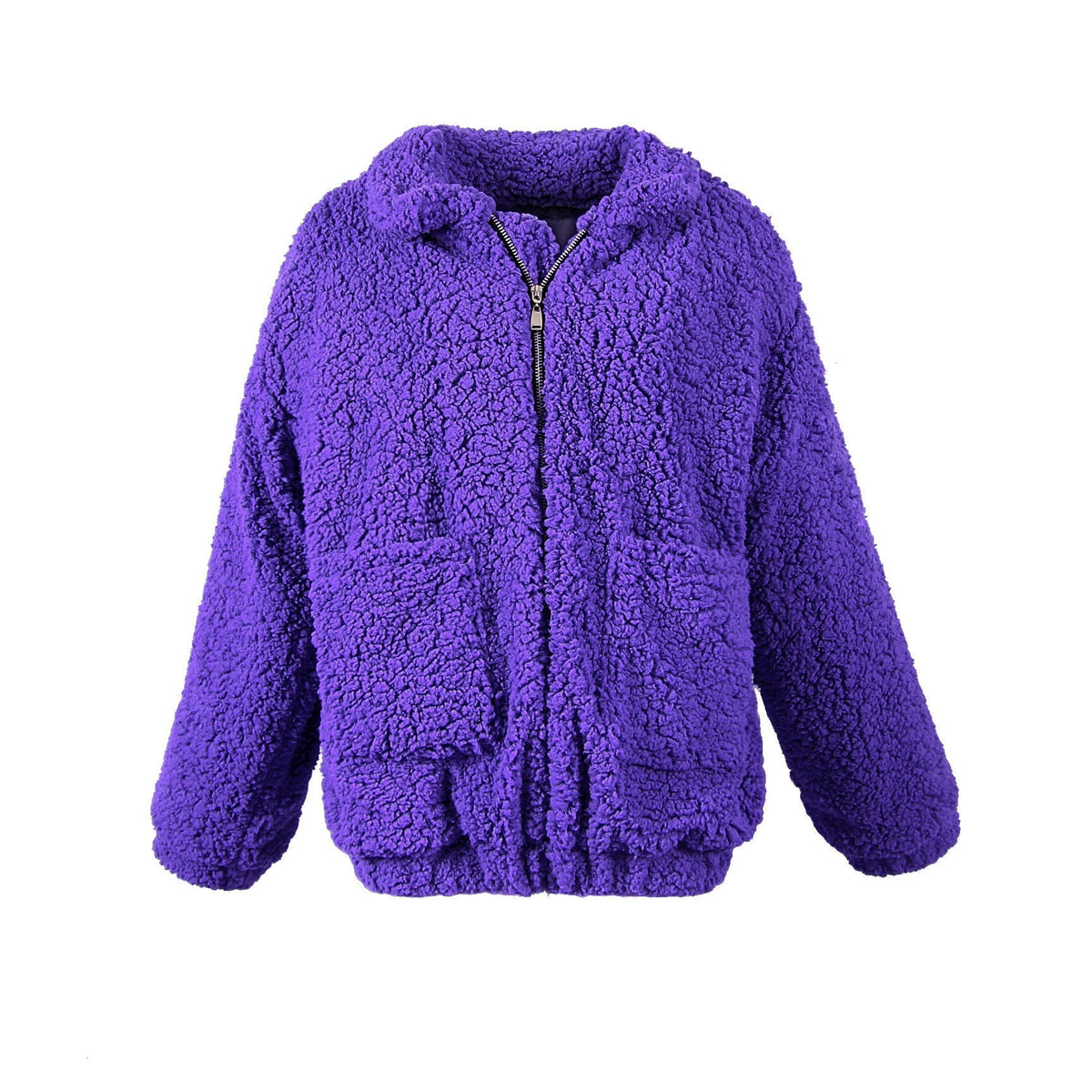 Women's Oversized Borg Zip-Up with Generous Collar and Patch Pockets - Purple
