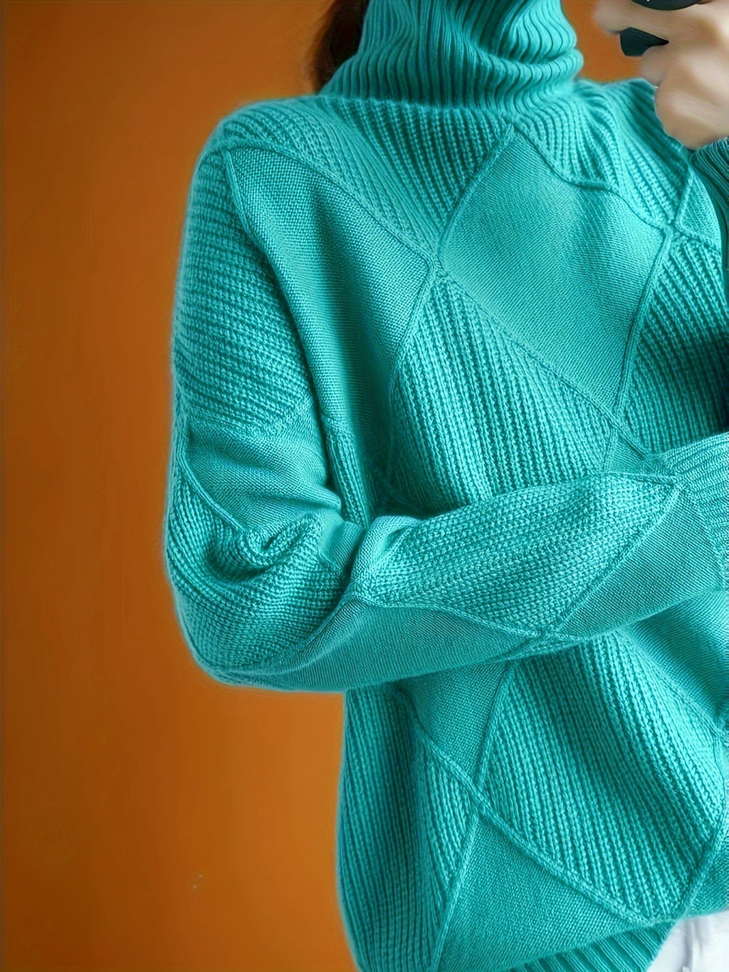 Women's Relaxed High Neck Jumper with Diamond Knit Pattern