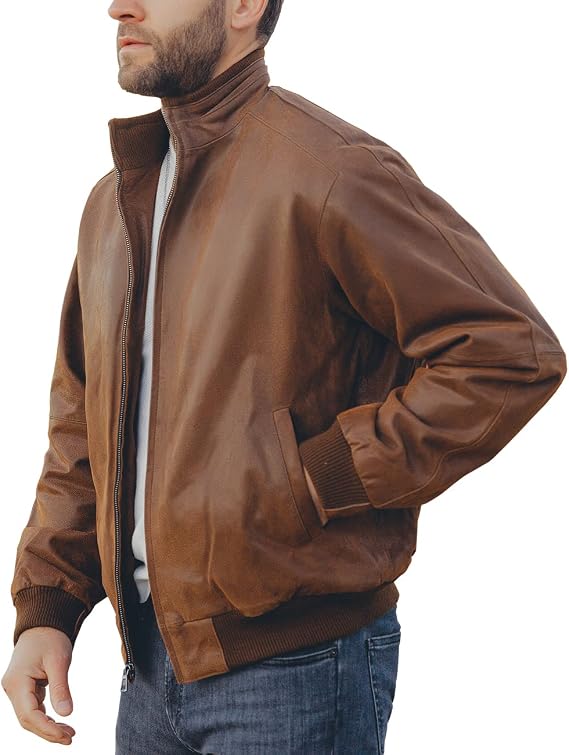 Men's Relaxed-Fit Real Leather Bomber with Raised Collar - Brown
