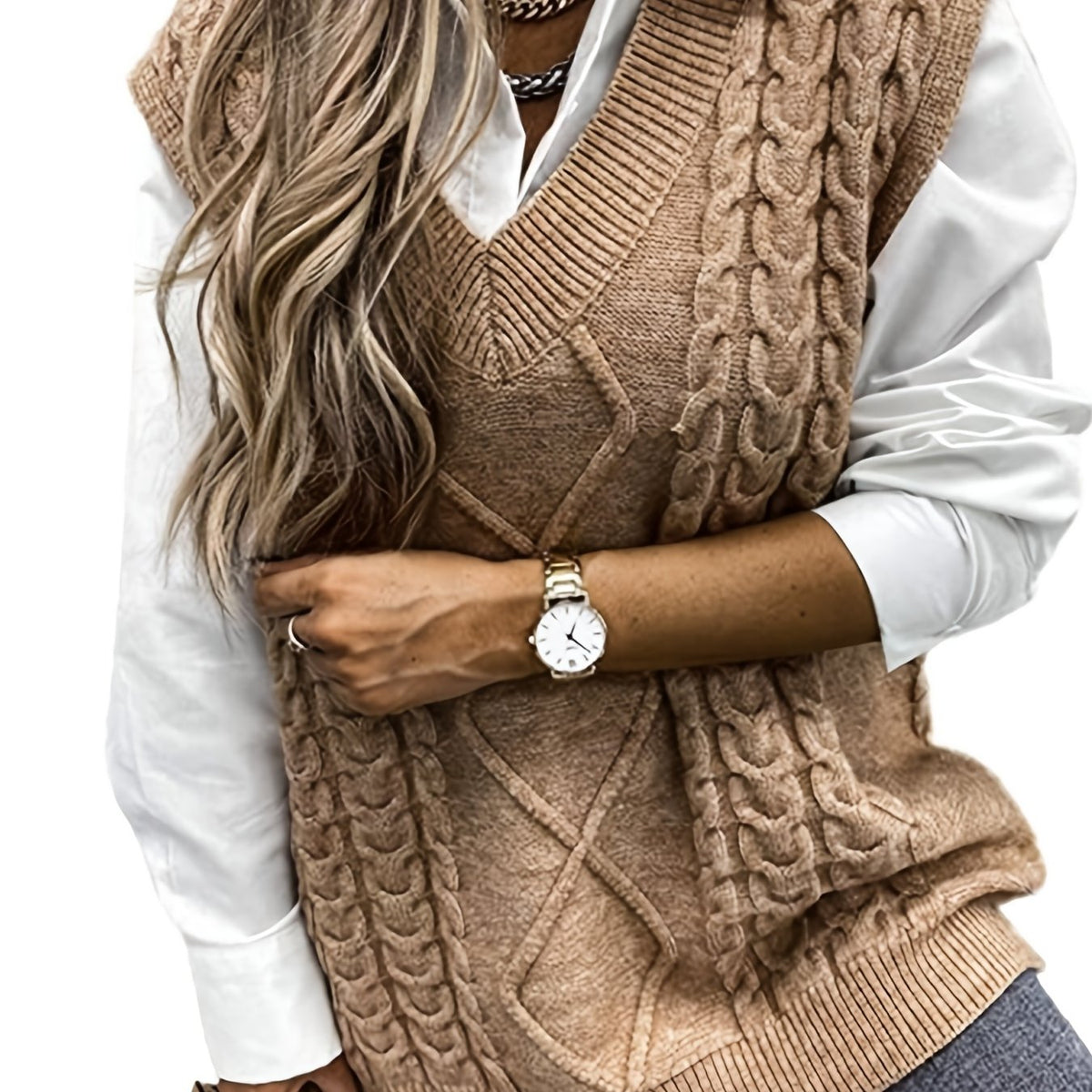 Women's Sleeveless Cable Knit Layering Slipover with V-Neck - Khaki