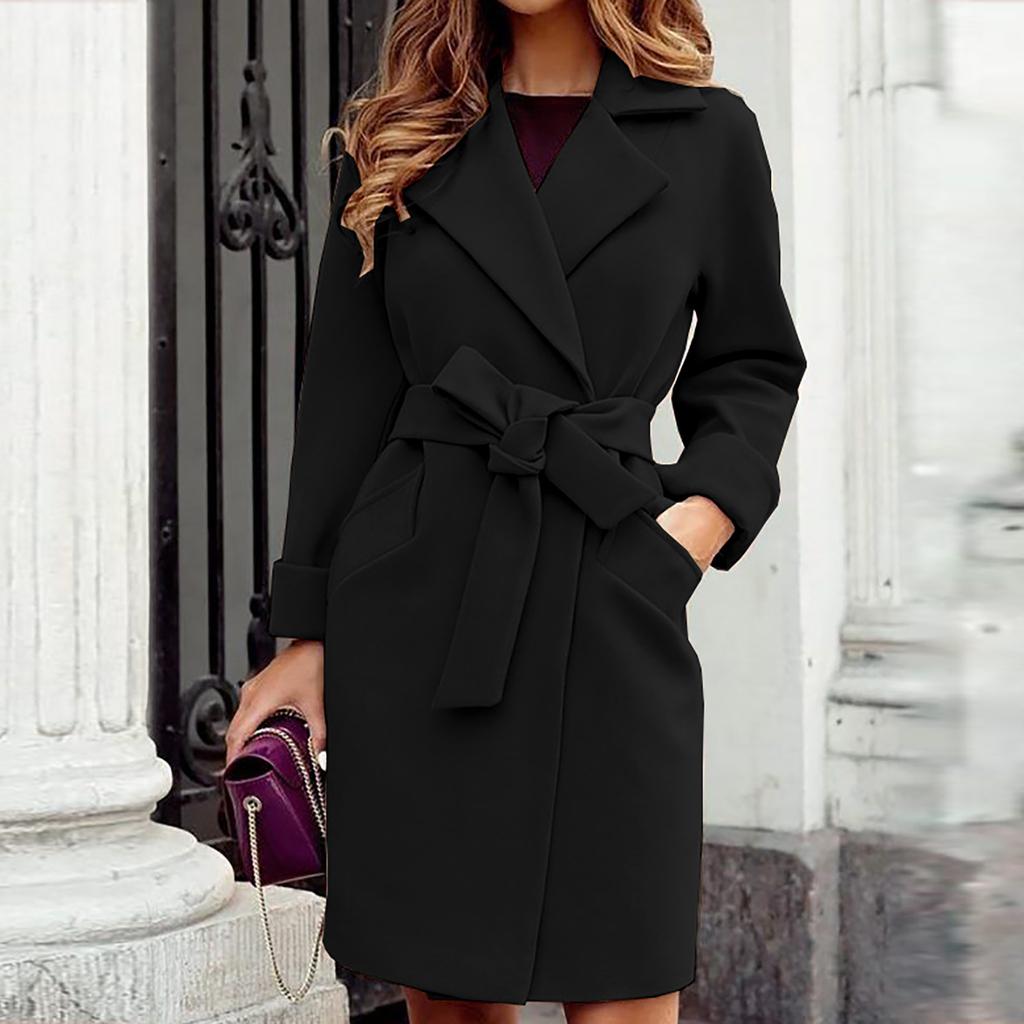Women's Wool-Blend Wrap Coat with Broad Notch Lapels and Pockets - Black