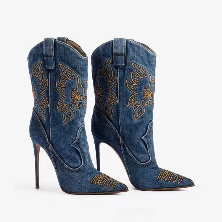 Women's Tall Embroidered Denim Stiletto Boots with Pointed Toe - Dark Blue