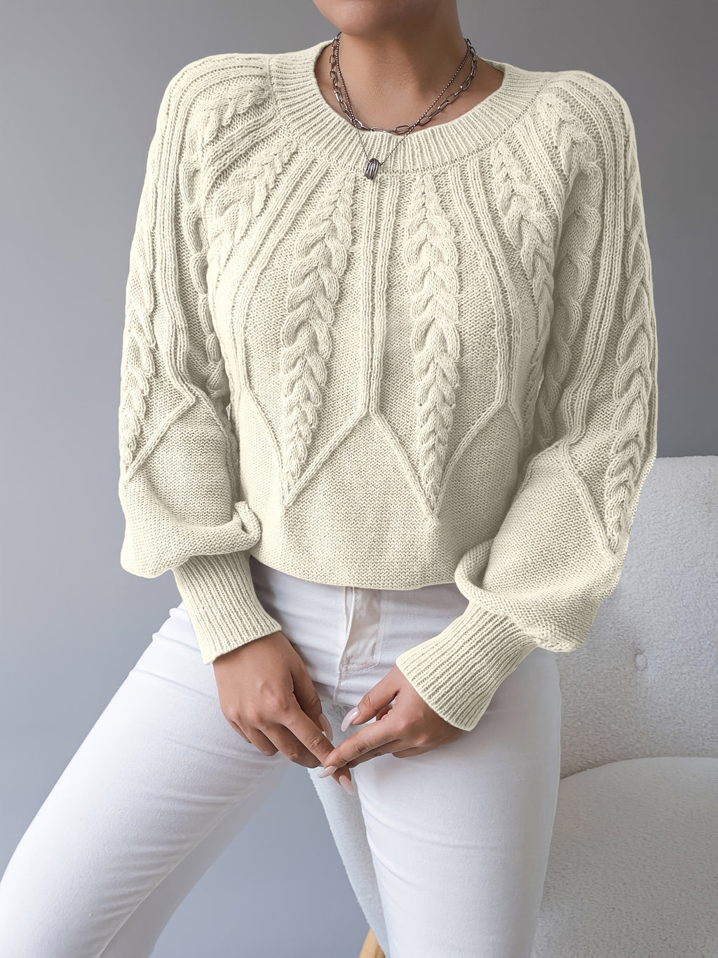 Women's Cable-Knit Jumper with Gathered Lantern Sleeves
