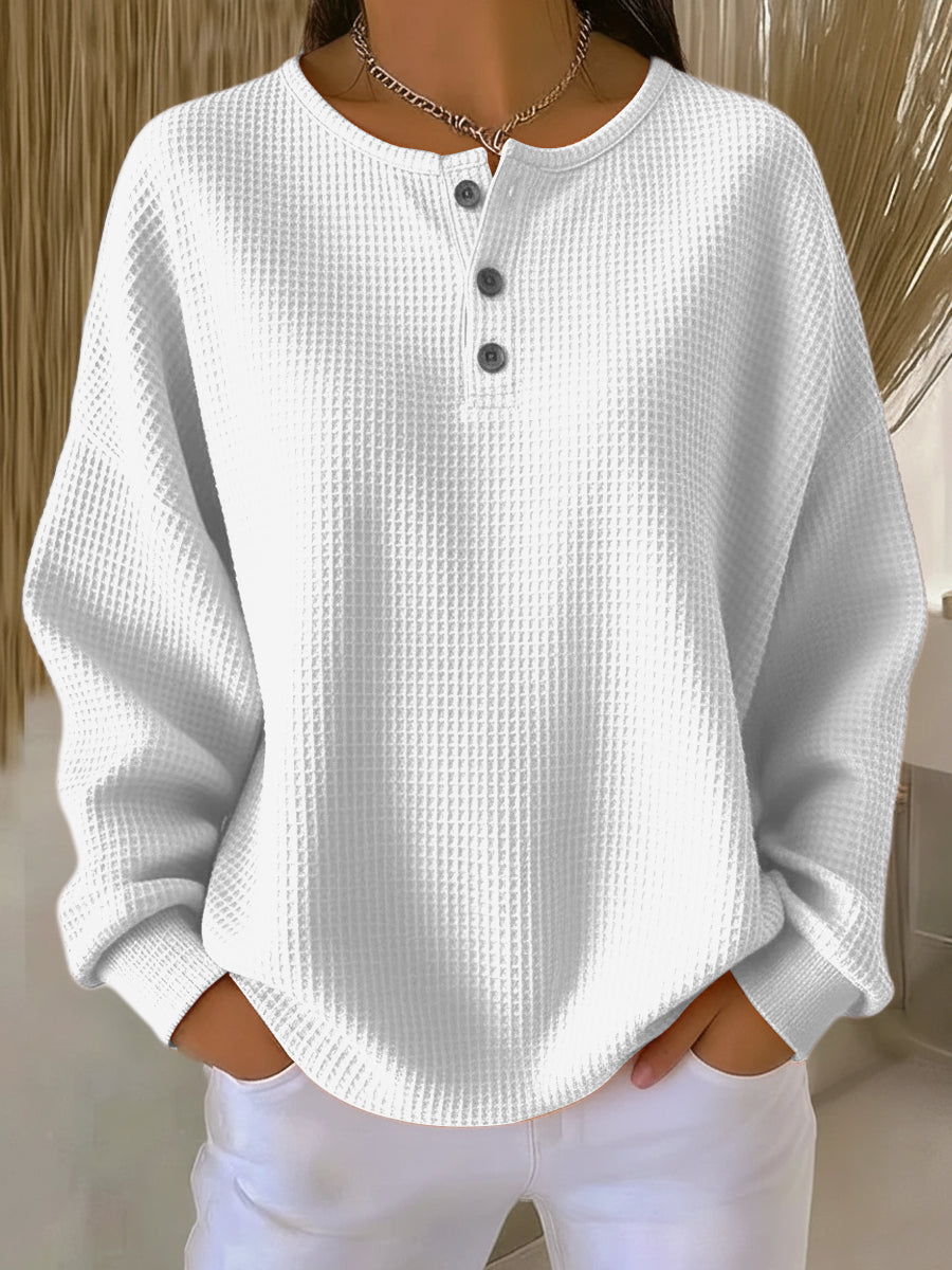 Women's Long-Sleeve Button Placket Top in a Loose Henley Cut - White