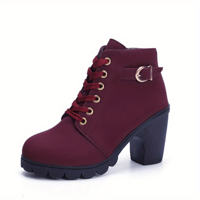 Women's Lace-Front Zip-Side Ankle Boots with Raised Block Heel - Burgundy