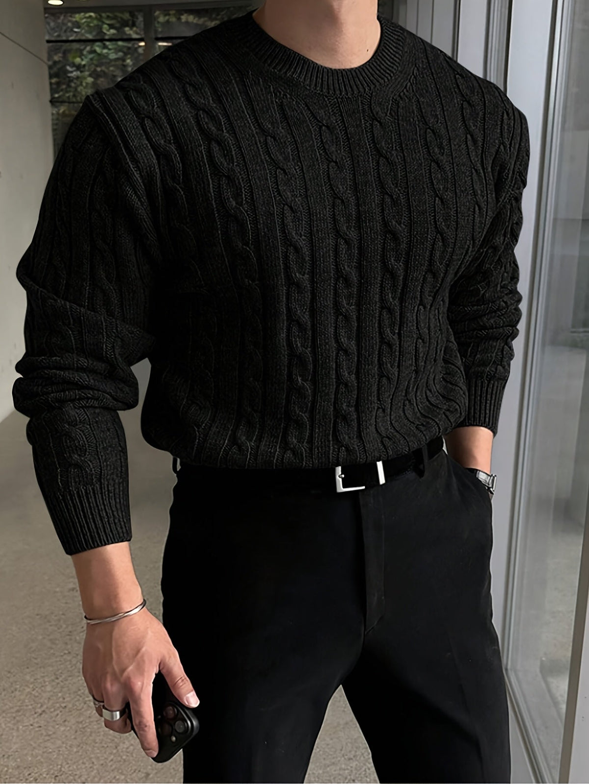 Men's Raised Cable Crew Neck Jumper for Office Layering