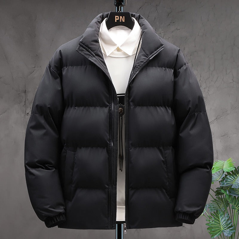 Men's Broad-Channel Puffer Jacket with Stand Collar and Soft Lining - Black