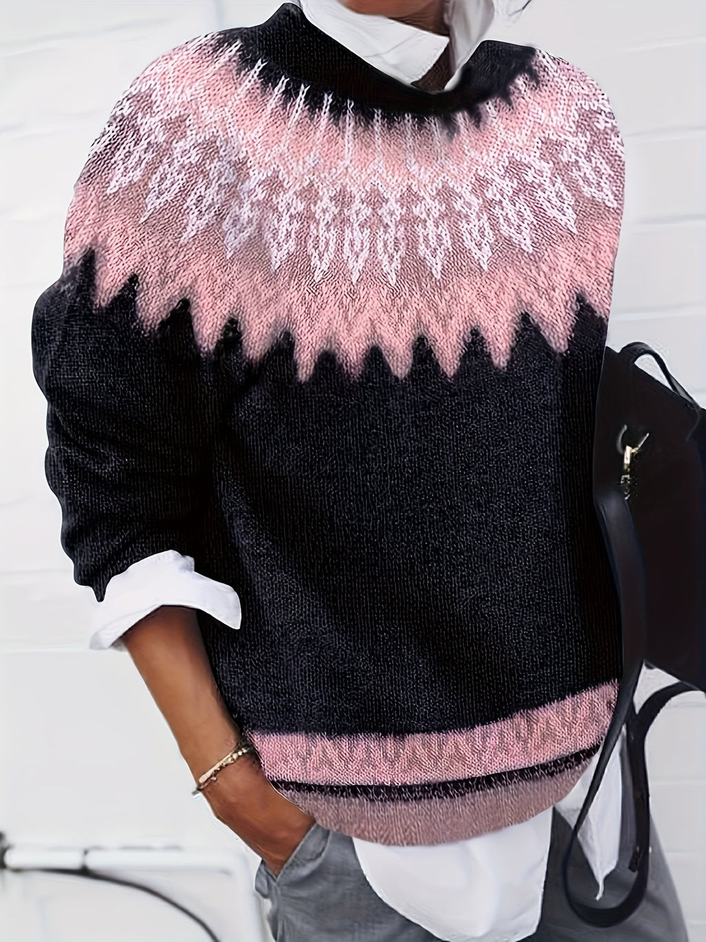 Women's Warm Jacquard Chunky Knit Jumper with Crew Neck