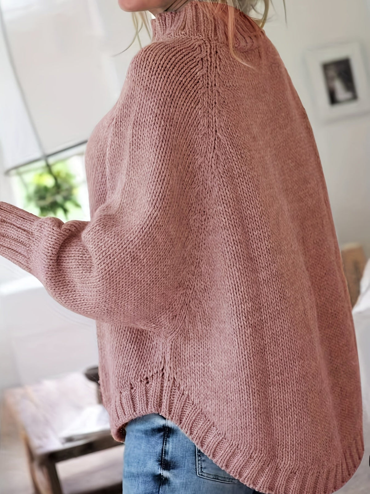 Women's Funnel Neck Thick-Knit Jumper with Cable Stitching