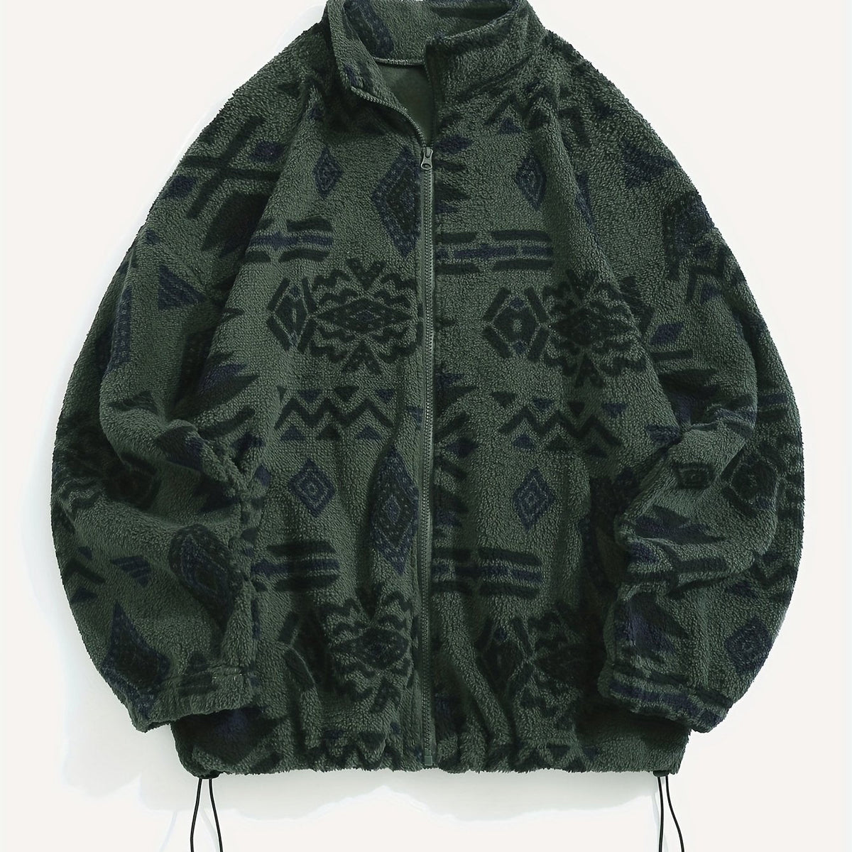Women's All-Over Pattern Plush Jacket with Relaxed Fit and Zip - Green
