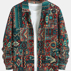 Men's Intricate Woven-Pattern Jacket with Front Pockets - Burgundy