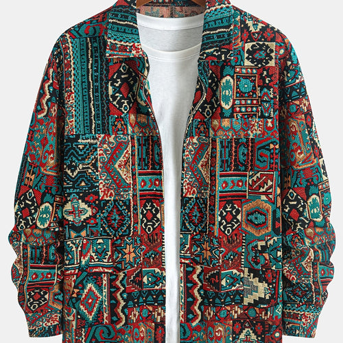 Men's Intricate Woven-Pattern Jacket with Front Pockets - Burgundy