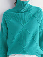 Women's Relaxed High Neck Jumper with Diamond Knit Pattern