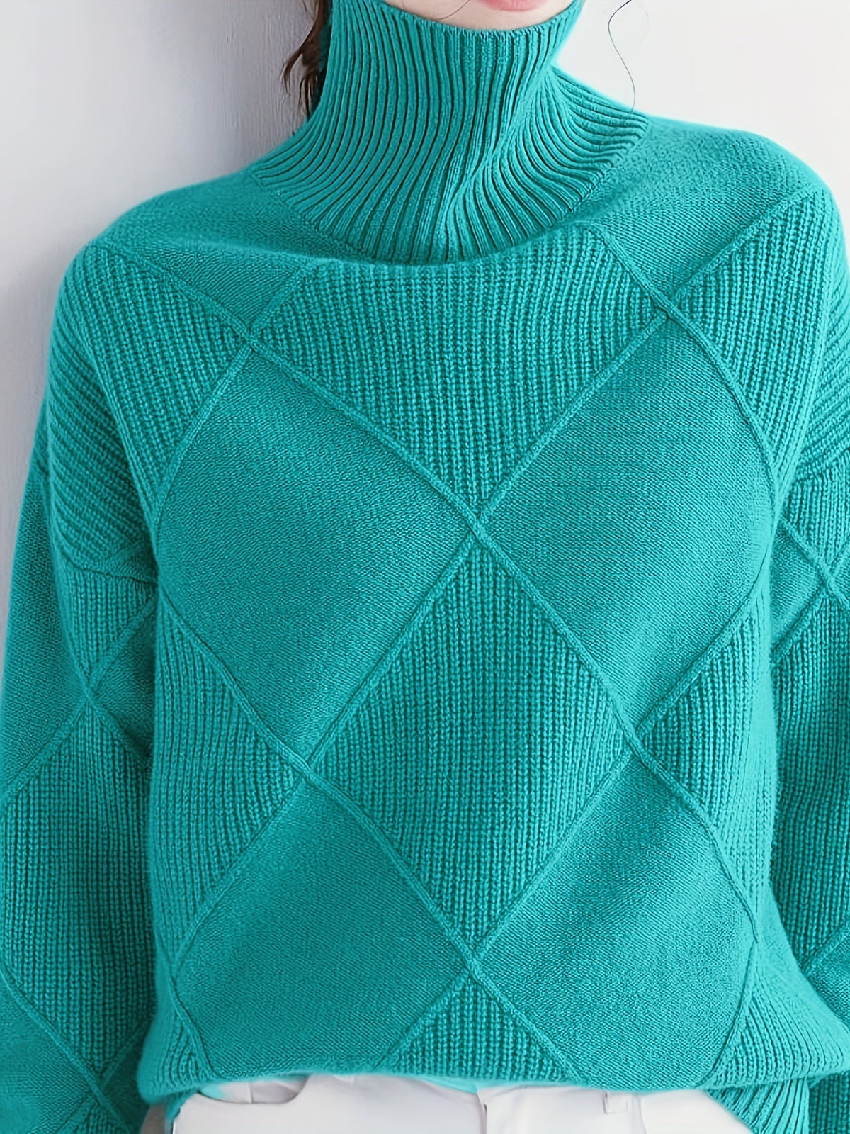 Women's Relaxed High Neck Jumper with Diamond Knit Pattern