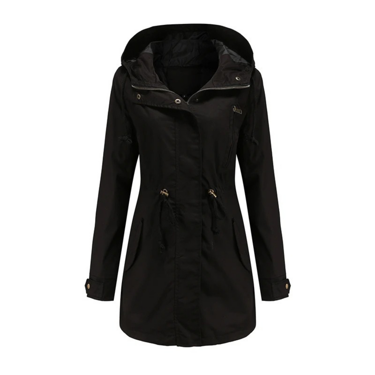 Women's Mid-Length Drawstring Utility Jacket with Integrated Hood - Black
