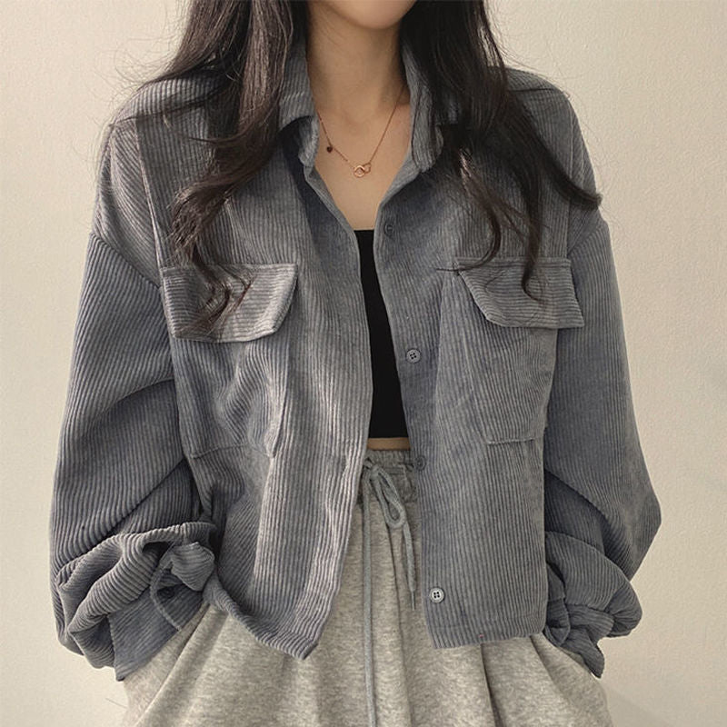 Women's Relaxed Pointed-Collar Corduroy Overshirt - Grey
