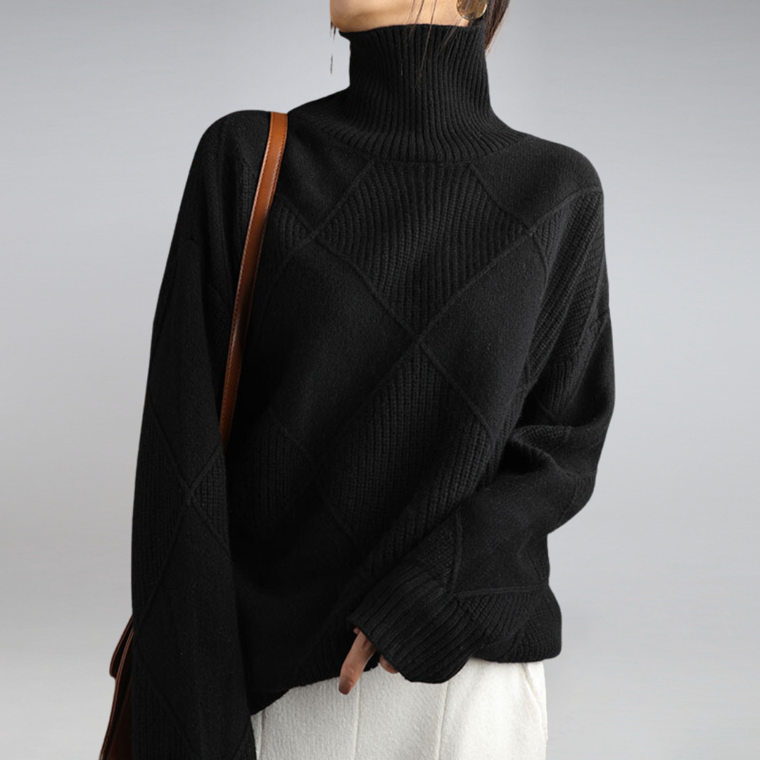 Women's Diamond Motif Roll Neck Jumper in Breathable Wool Blend - Black