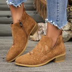 Women's Pointed V-Cut Ankle Boots with Stitched Embroidery