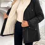 Women's Plush-Lined Winter Jacket with Close-Fitting Hood and Pockets - Black