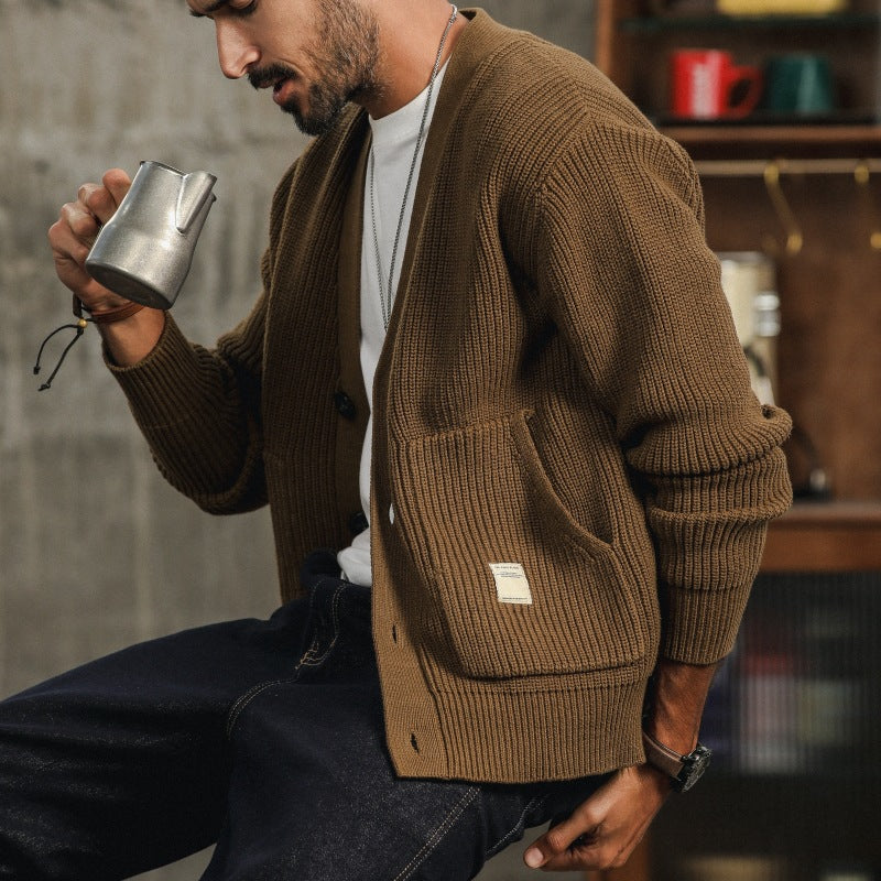 Men's Roomy-Pocket Thick Knit Cotton Cardigan in a Loose Cut