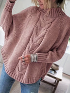 Women's Funnel Neck Thick-Knit Jumper with Cable Stitching