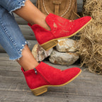 Women's Pointed V-Cut Ankle Boots with Stitched Embroidery