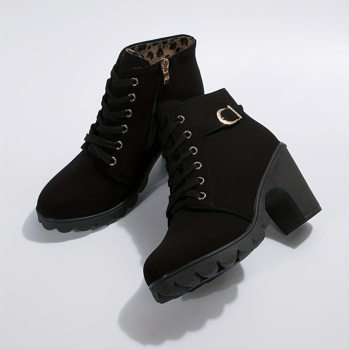 Women's Lace-Front Zip-Side Ankle Boots with Raised Block Heel