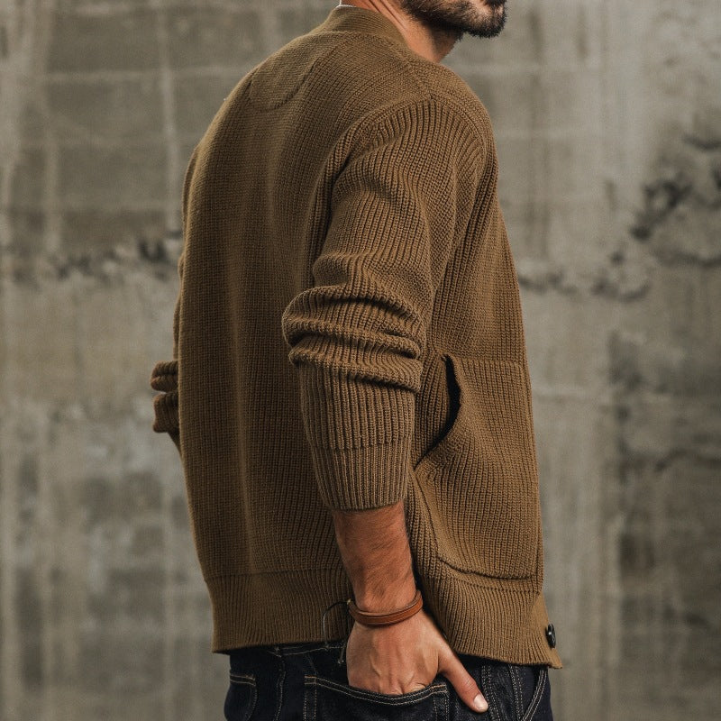 Men's Roomy-Pocket Thick Knit Cotton Cardigan in a Loose Cut