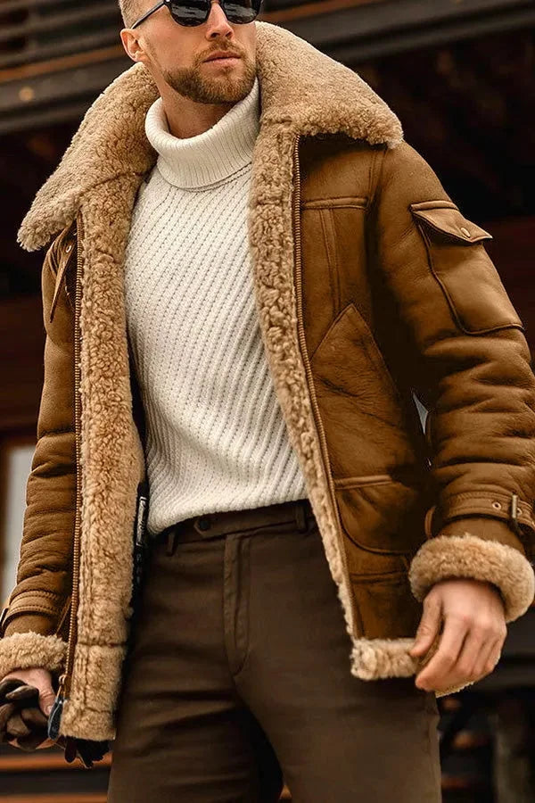 Men's Plush-Lined Aviator Jacket with Oversized Turn-Up Collar - Brown