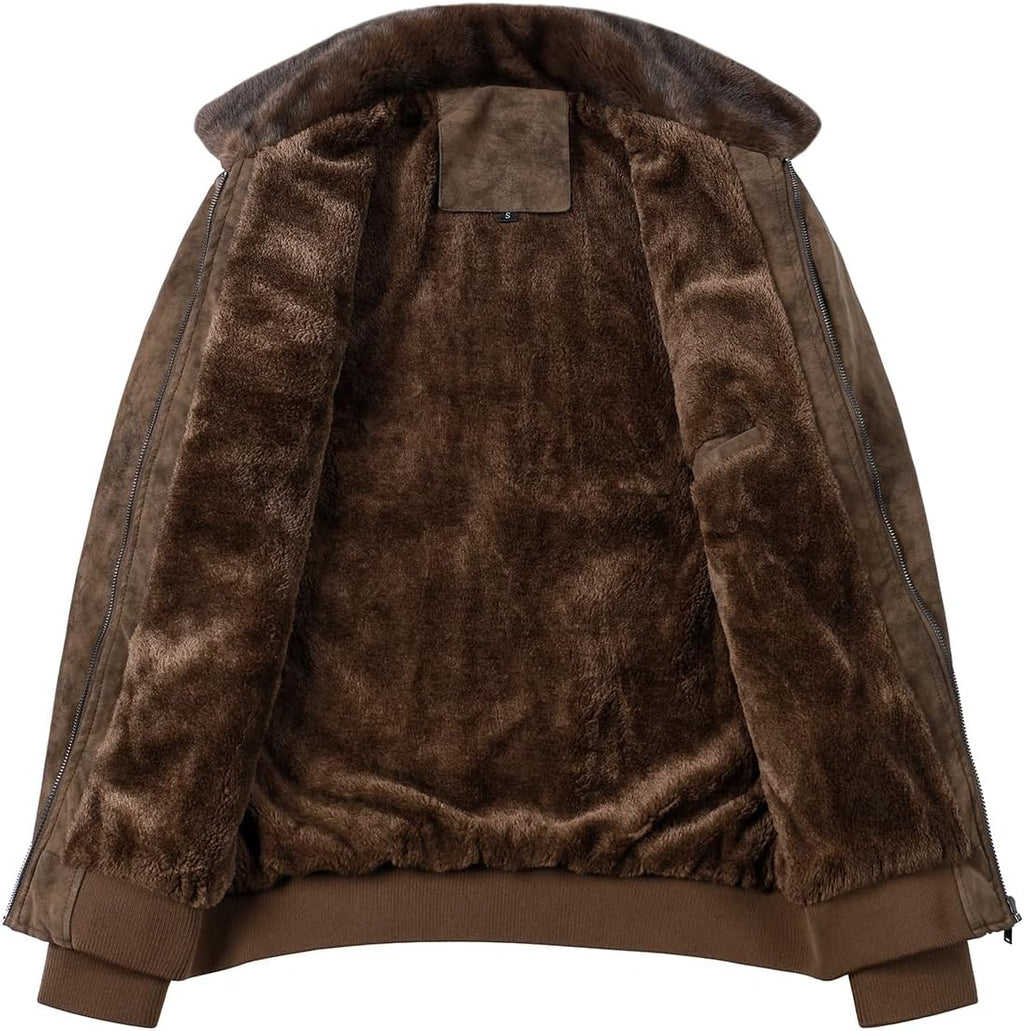 Men's Aged Faux Leather Fleece-Lined Bomber with Faux Fur Collar