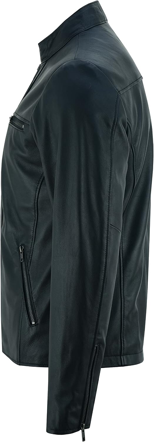Men's Waist-Length Soft Lambskin Racer Jacket with Zipped Pockets