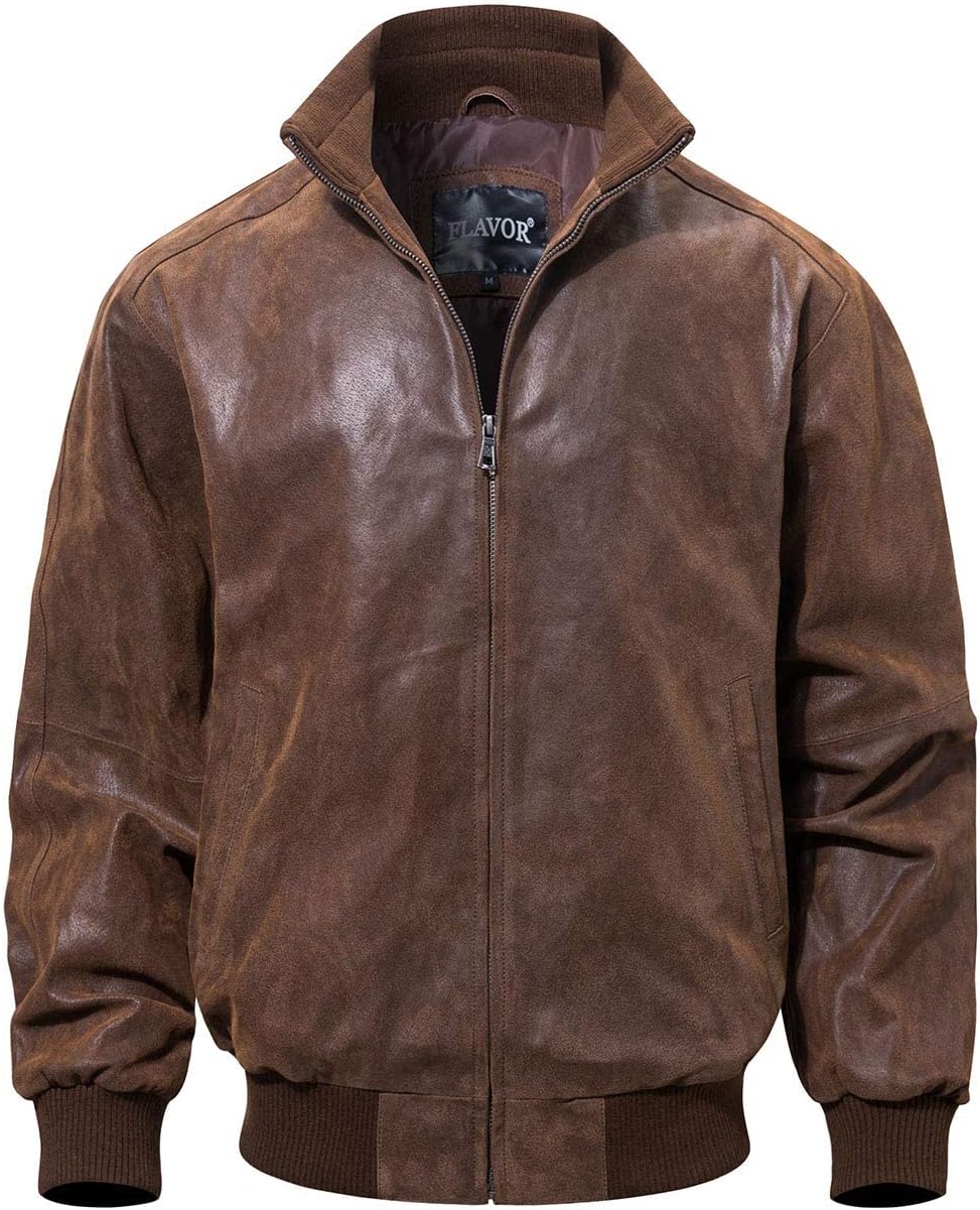Men's Relaxed-Fit Real Leather Bomber with Raised Collar
