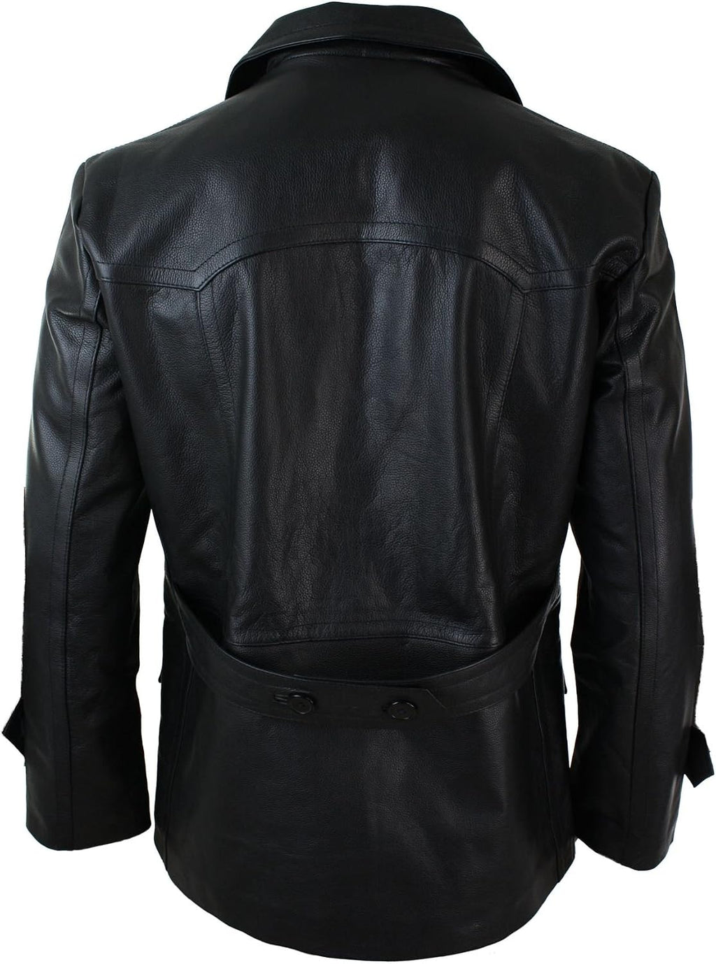 Men's Three-Quarter Real Leather Peacoat with Broad Notched Lapels