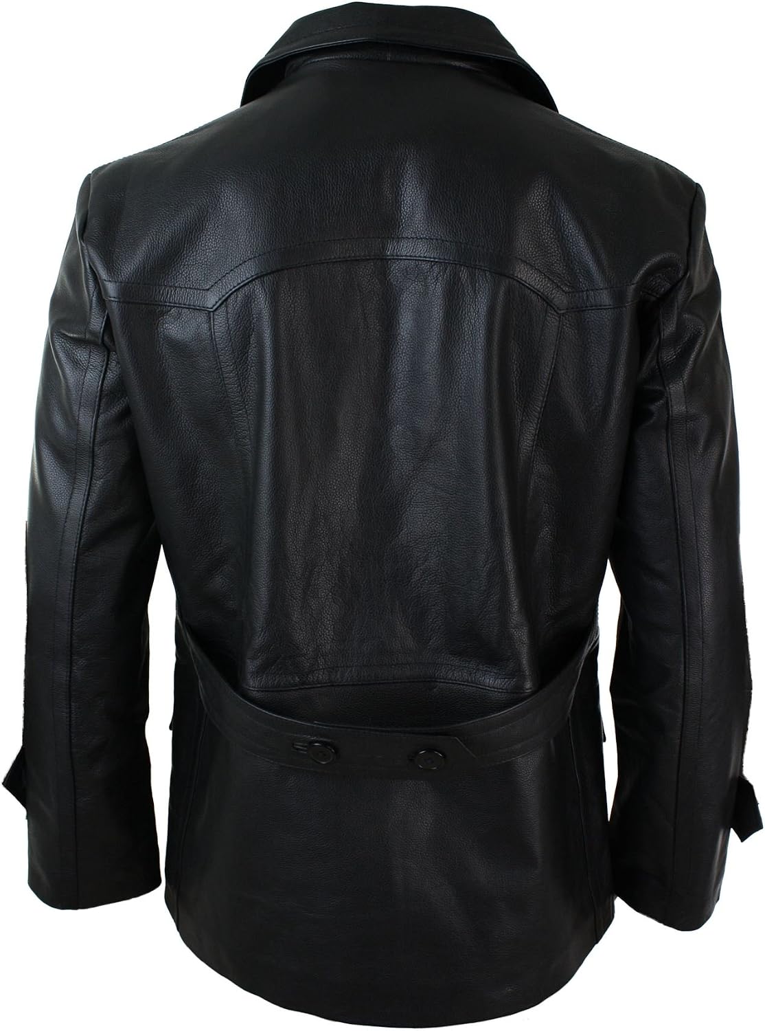 Men's Three-Quarter Real Leather Peacoat with Broad Notched Lapels