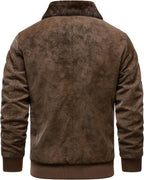 Men's Aged Faux Leather Fleece-Lined Bomber with Faux Fur Collar