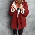 Women's Upper-Thigh Duffle Coat with Toggles and Plush-Lined Hood - Wine Red
