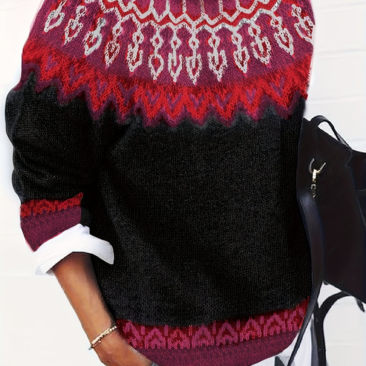 Women's Warm Jacquard Chunky Knit Jumper with Crew Neck - Red