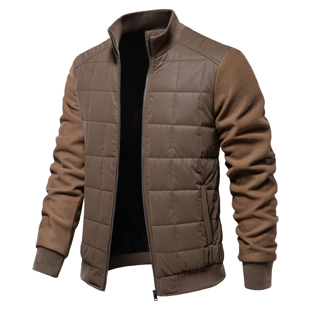 Men's Mid-Season Padded Zip Jacket with Knitted Sleeves - Brown