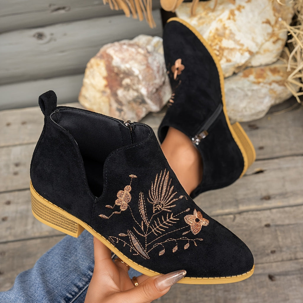 Women's Pointed V-Cut Ankle Boots with Stitched Embroidery