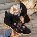 Women's Pointed V-Cut Ankle Boots with Stitched Embroidery